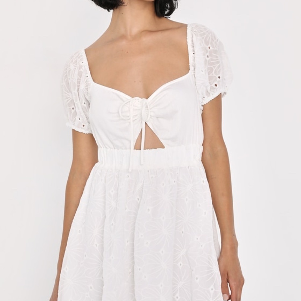 Lulus Excuse To Flirt White Floral Embroidered Puff Sleeve Mini Dress - Size XS